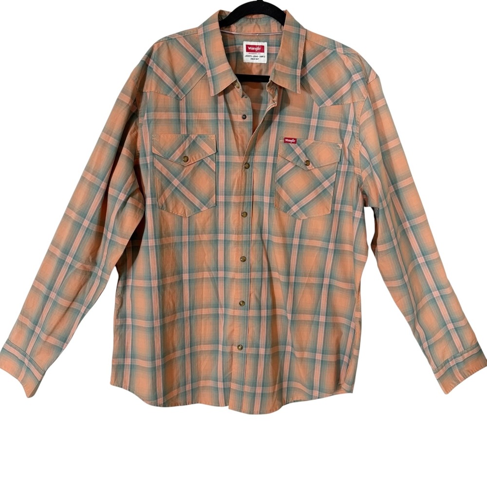 Wrangler Men's Long Sleeve Peach Green Plaid Cowboy Western Shirt Extra Large